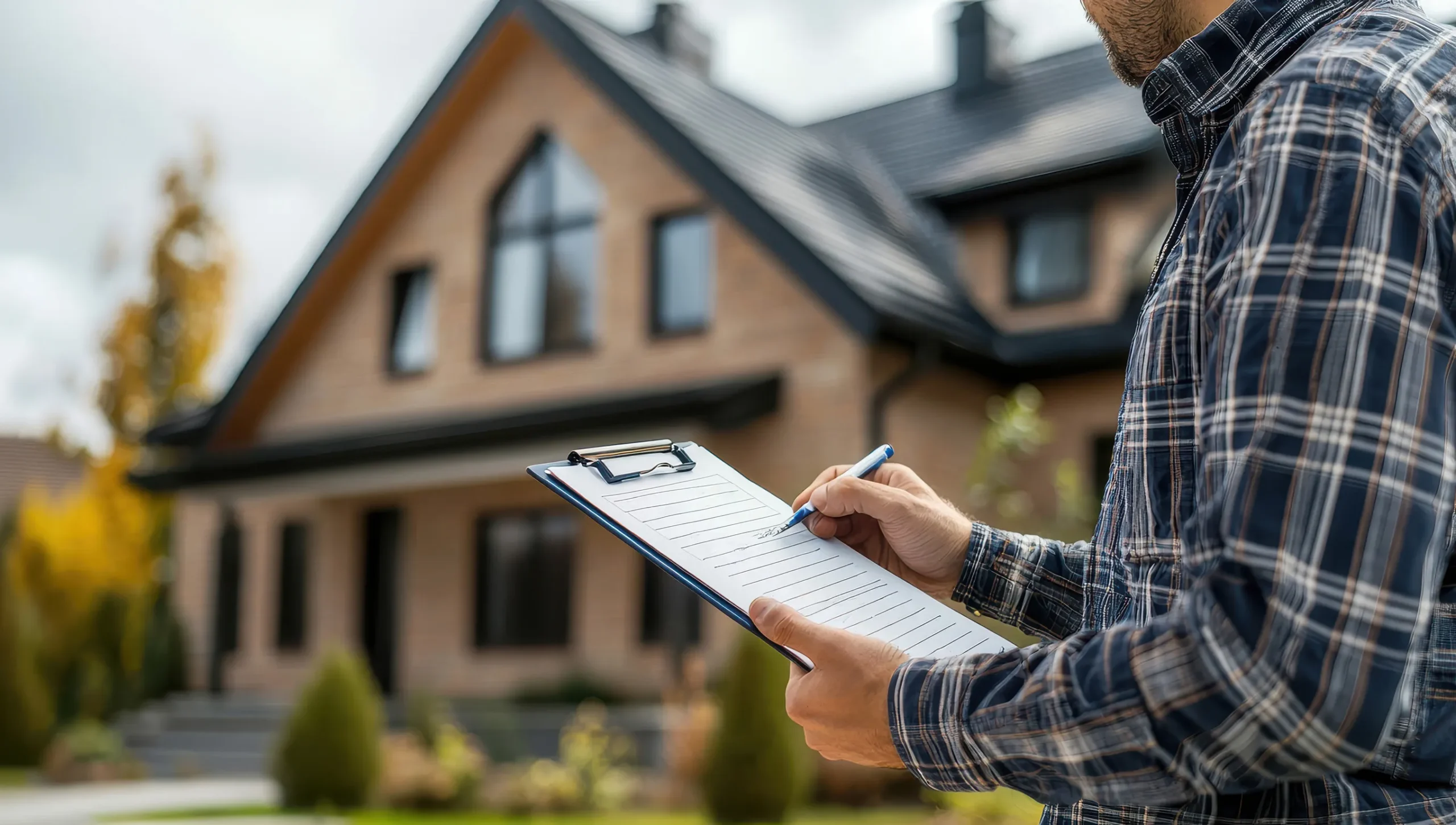 Building Inspector or Real Estate Agent with Clipboard in Front of New Home Building Inspector or Real Estate Agent with Clipboard in Front of New Home