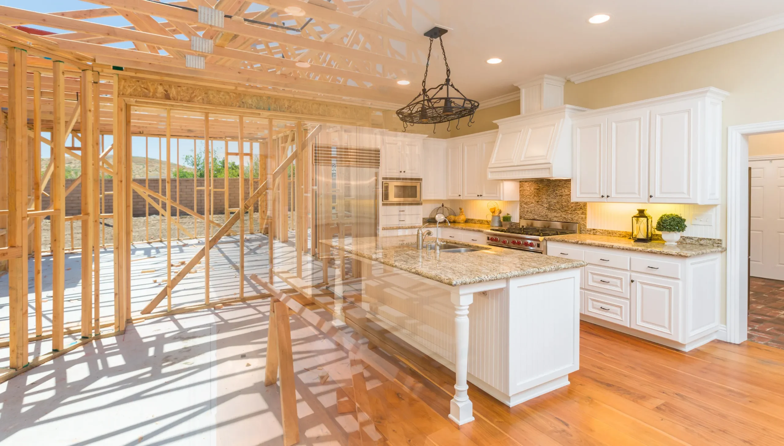 House Construction Framing Gradating Into Finished Kitchen Build House Construction Framing Gradating Into Finished Kitchen Build