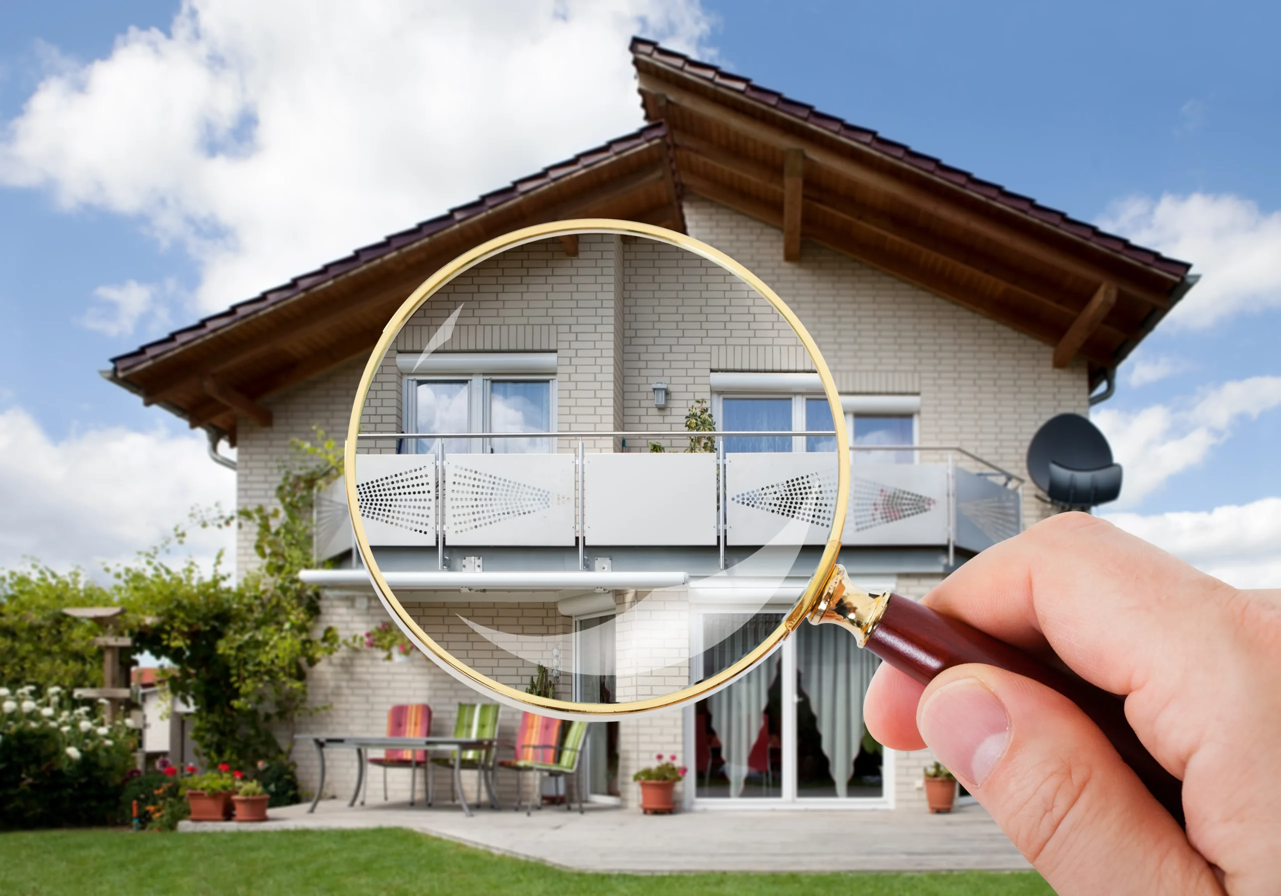 Person Hand With Magnifying Glass Over Luxury House Modern luxury villa with a pool, palm trees, and outdoor lounge area under a blue sky with fluffy clouds. Ideal for relaxation