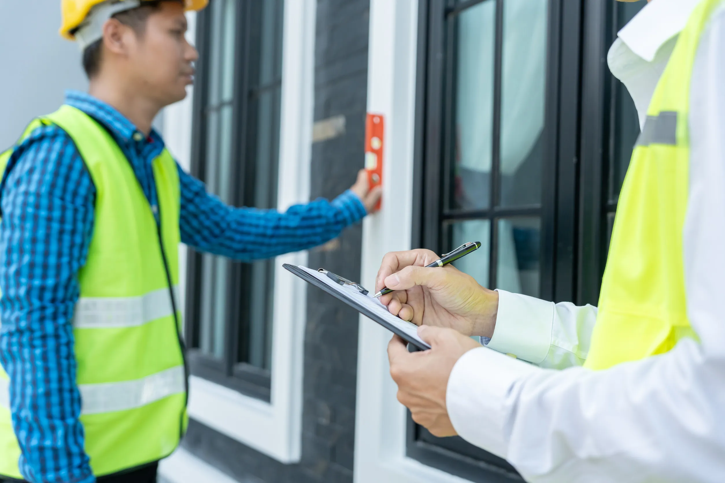 inspector or engineer is inspecting construction and quality assurance new house using a checklist inspector or engineer is inspecting construction and quality assurance new house using a checklist